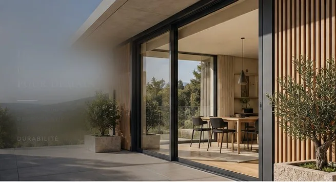 Baie vitrée coulissante aluminium sur-mesure, villa contemporaine avec terrasse et pergola bois